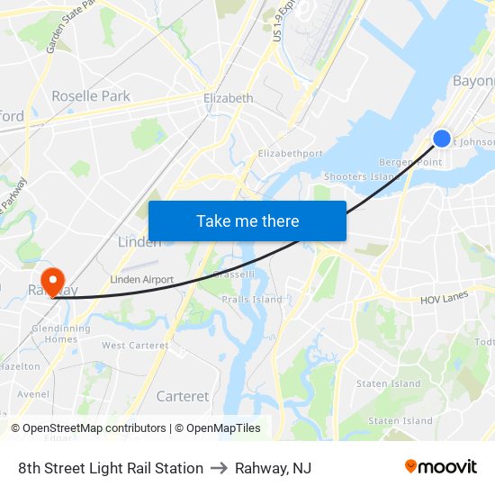 8th Street Light Rail Station to Rahway, NJ map