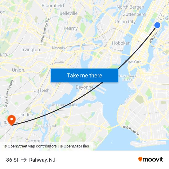 86 St to Rahway, NJ map