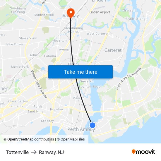 Tottenville to Rahway, NJ map