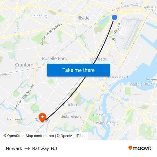 Newark to Rahway, NJ map