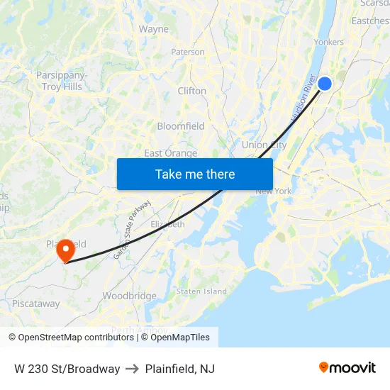 W 230 St/Broadway to Plainfield, NJ map