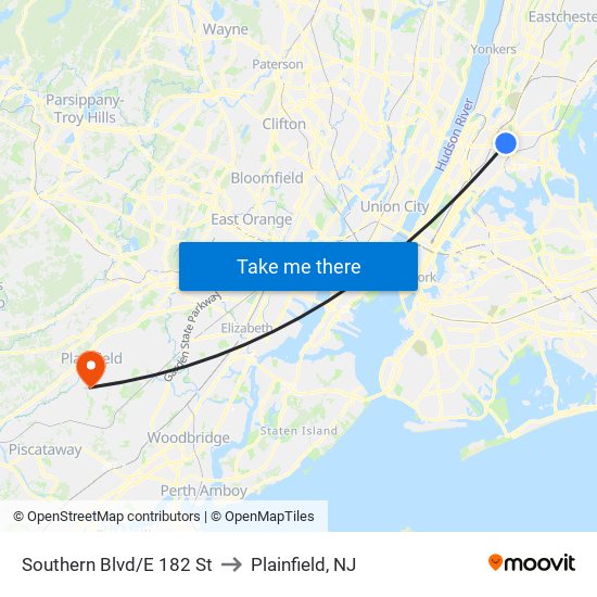 Southern Blvd/E 182 St to Plainfield, NJ map