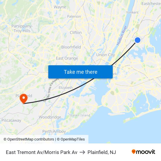 East Tremont Av/Morris Park Av to Plainfield, NJ map