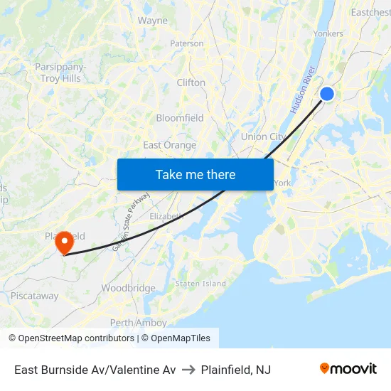 East Burnside Av/Valentine Av to Plainfield, NJ map