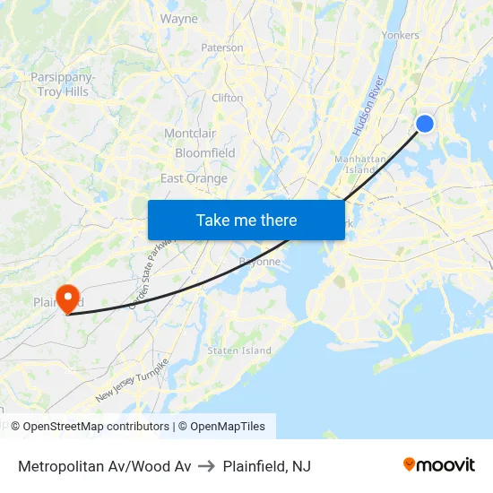 Metropolitan Av/Wood Av to Plainfield, NJ map