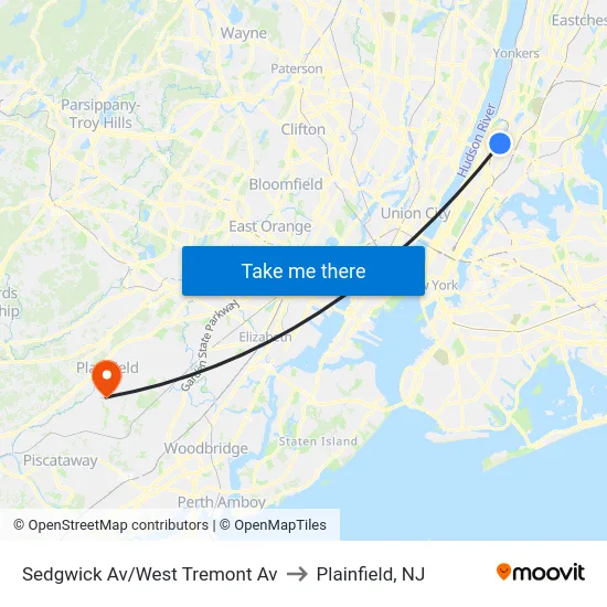Sedgwick Av/West Tremont Av to Plainfield, NJ map
