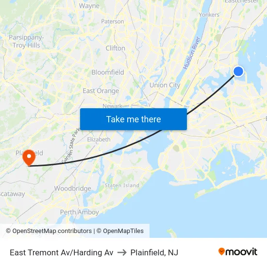 East Tremont Av/Harding Av to Plainfield, NJ map