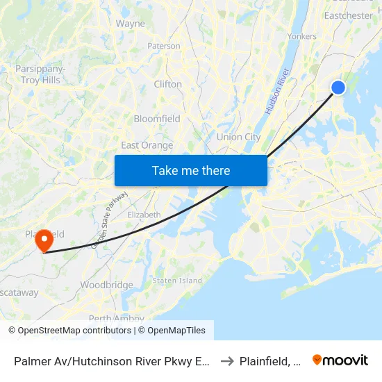 Palmer Av/Hutchinson River Pkwy East to Plainfield, NJ map