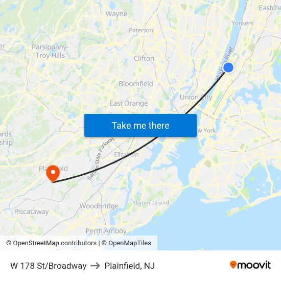W 178 St/Broadway to Plainfield, NJ map