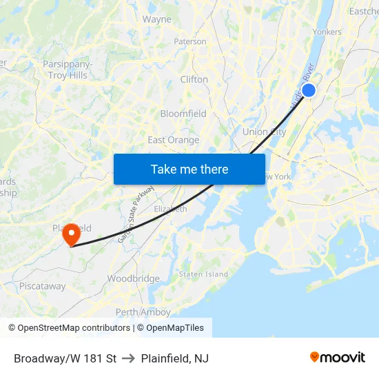 Broadway/W 181 St to Plainfield, NJ map