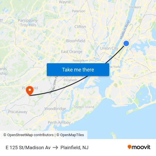 E 125 St/Madison Av to Plainfield, NJ map