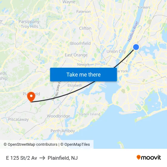 E 125 St/2 Av to Plainfield, NJ map