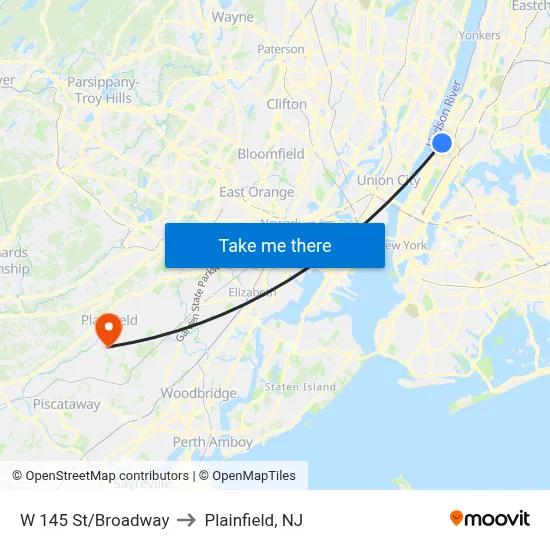 W 145 St/Broadway to Plainfield, NJ map