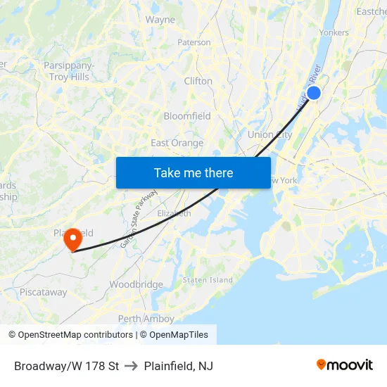 Broadway/W 178 St to Plainfield, NJ map