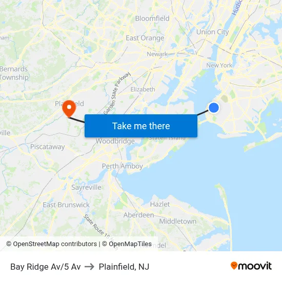 Bay Ridge Av/5 Av to Plainfield, NJ map