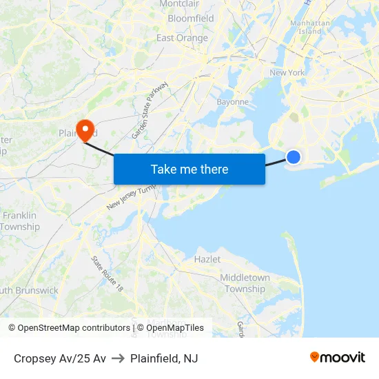 Cropsey Av/25 Av to Plainfield, NJ map