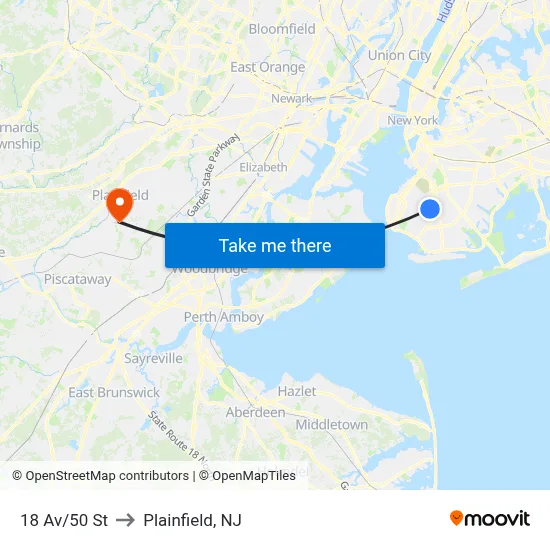 18 Av/50 St to Plainfield, NJ map