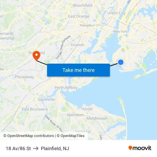 18 Av/86 St to Plainfield, NJ map
