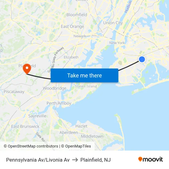 Pennsylvania Av/Livonia Av to Plainfield, NJ map