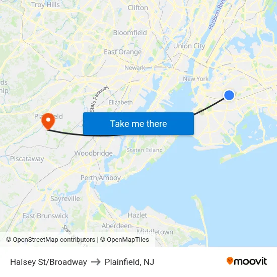 Halsey St/Broadway to Plainfield, NJ map