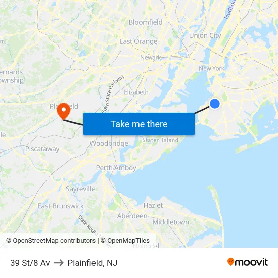 39 St/8 Av to Plainfield, NJ map