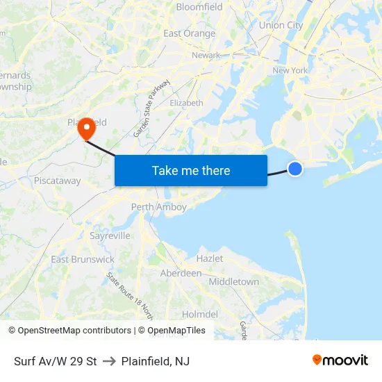 Surf Av/W 29 St to Plainfield, NJ map