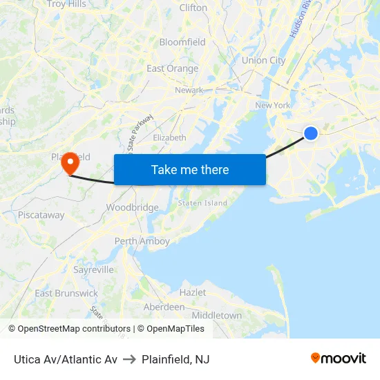 Utica Av/Atlantic Av to Plainfield, NJ map