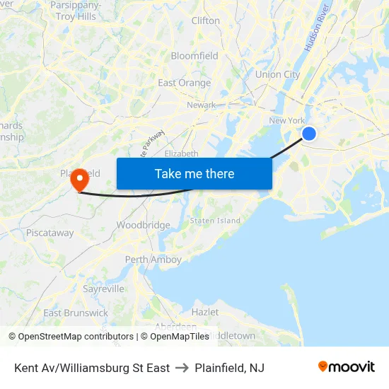Kent Av/Williamsburg St East to Plainfield, NJ map