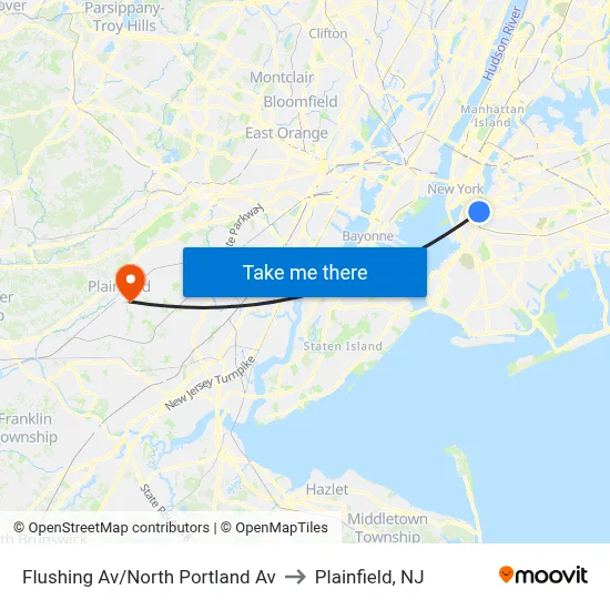 Flushing Av/North Portland Av to Plainfield, NJ map