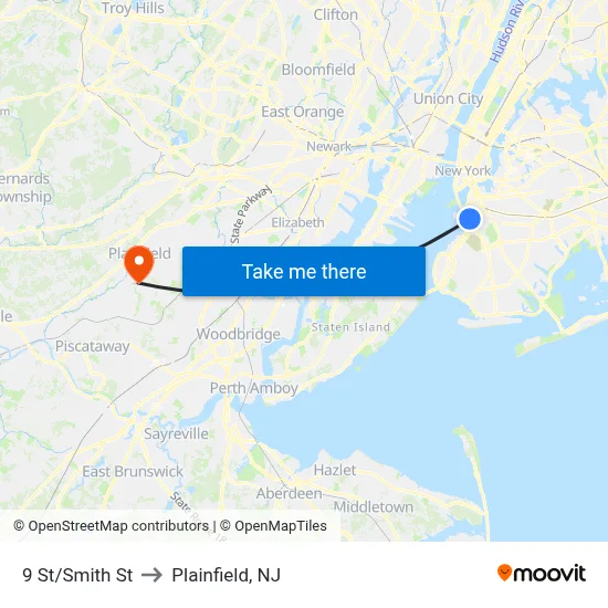 9 St/Smith St to Plainfield, NJ map