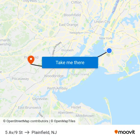 5 Av/9 St to Plainfield, NJ map