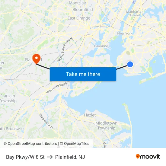 Bay Pkwy/W 8 St to Plainfield, NJ map