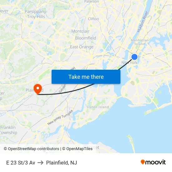 E 23 St/3 Av to Plainfield, NJ map