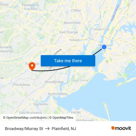Broadway/Murray St to Plainfield, NJ map