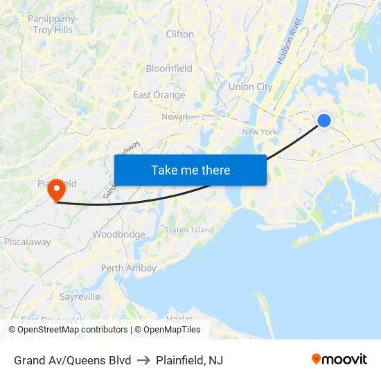 Grand Av/Queens Blvd to Plainfield, NJ map