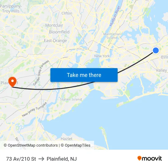 73 Av/210 St to Plainfield, NJ map