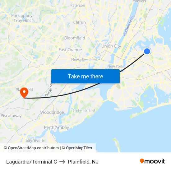 Laguardia/Terminal C to Plainfield, NJ map