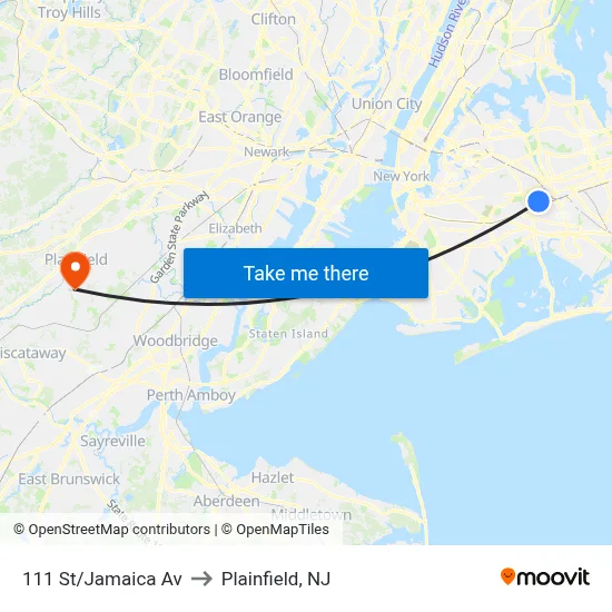 111 St/Jamaica Av to Plainfield, NJ map