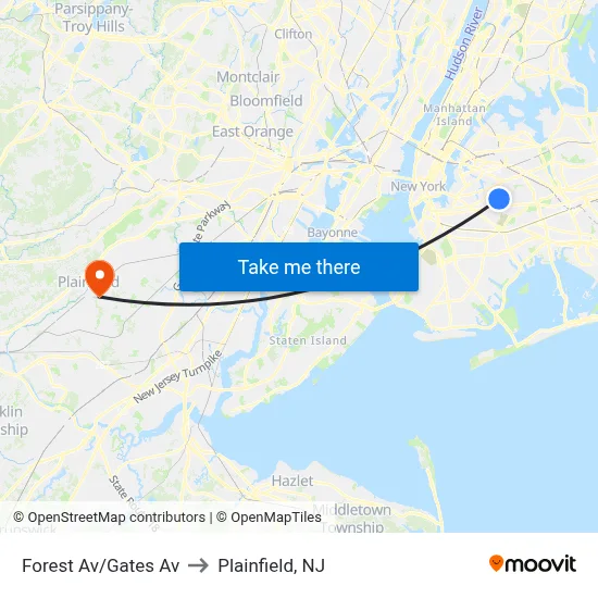 Forest Av/Gates Av to Plainfield, NJ map