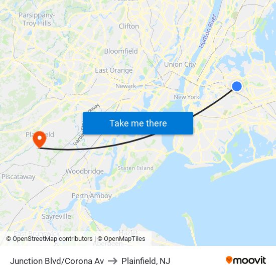 Junction Blvd/Corona Av to Plainfield, NJ map