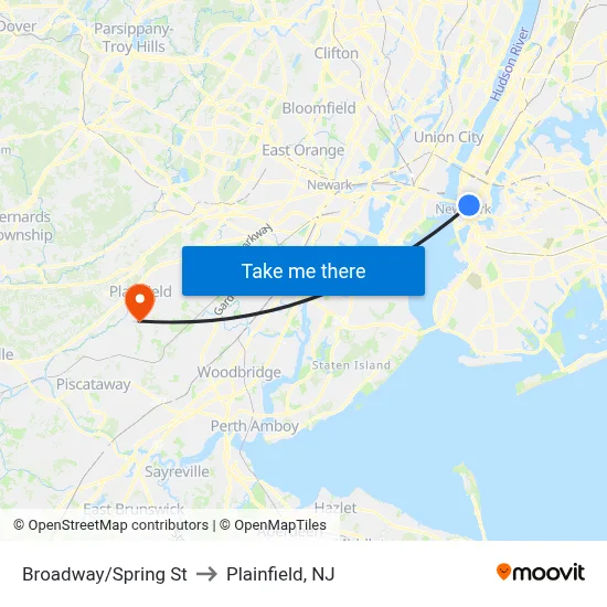 Broadway/Spring St to Plainfield, NJ map