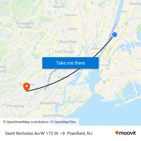 Saint Nicholas Av/W 173 St to Plainfield, NJ map