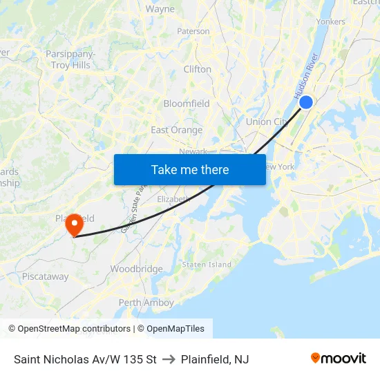 Saint Nicholas Av/W 135 St to Plainfield, NJ map