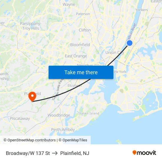 Broadway/W 137 St to Plainfield, NJ map
