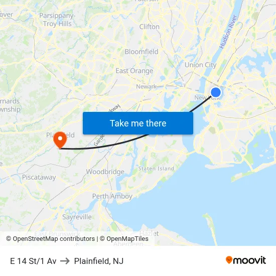 E 14 St/1 Av to Plainfield, NJ map