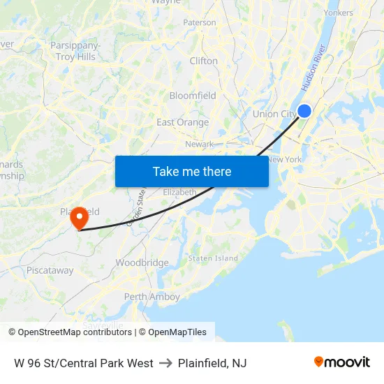 W 96 St/Central Park West to Plainfield, NJ map