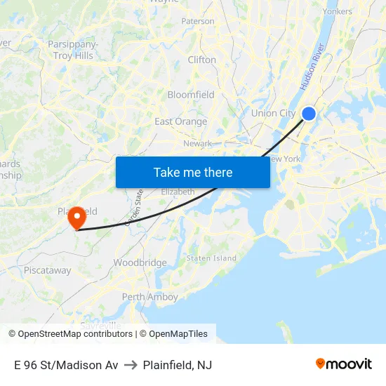 E 96 St/Madison Av to Plainfield, NJ map