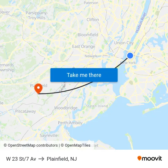 W 23 St/7 Av to Plainfield, NJ map
