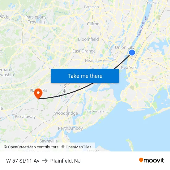 W 57 St/11 Av to Plainfield, NJ map