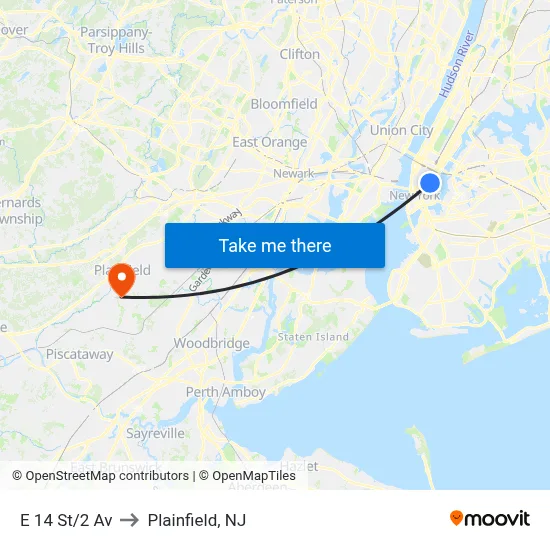 E 14 St/2 Av to Plainfield, NJ map